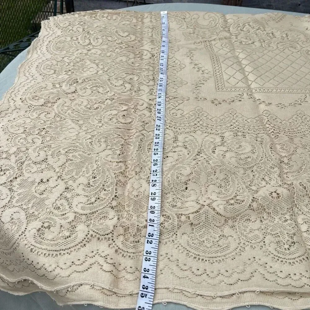 Vintage Pennicraft cream tan colored lace table cloth rectangle 84” x 64”.